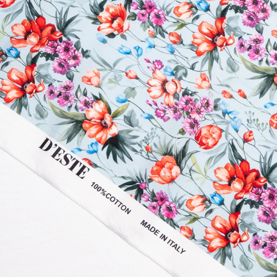 Soft Red Floral Printed Dusty Blue Luxury Cotton