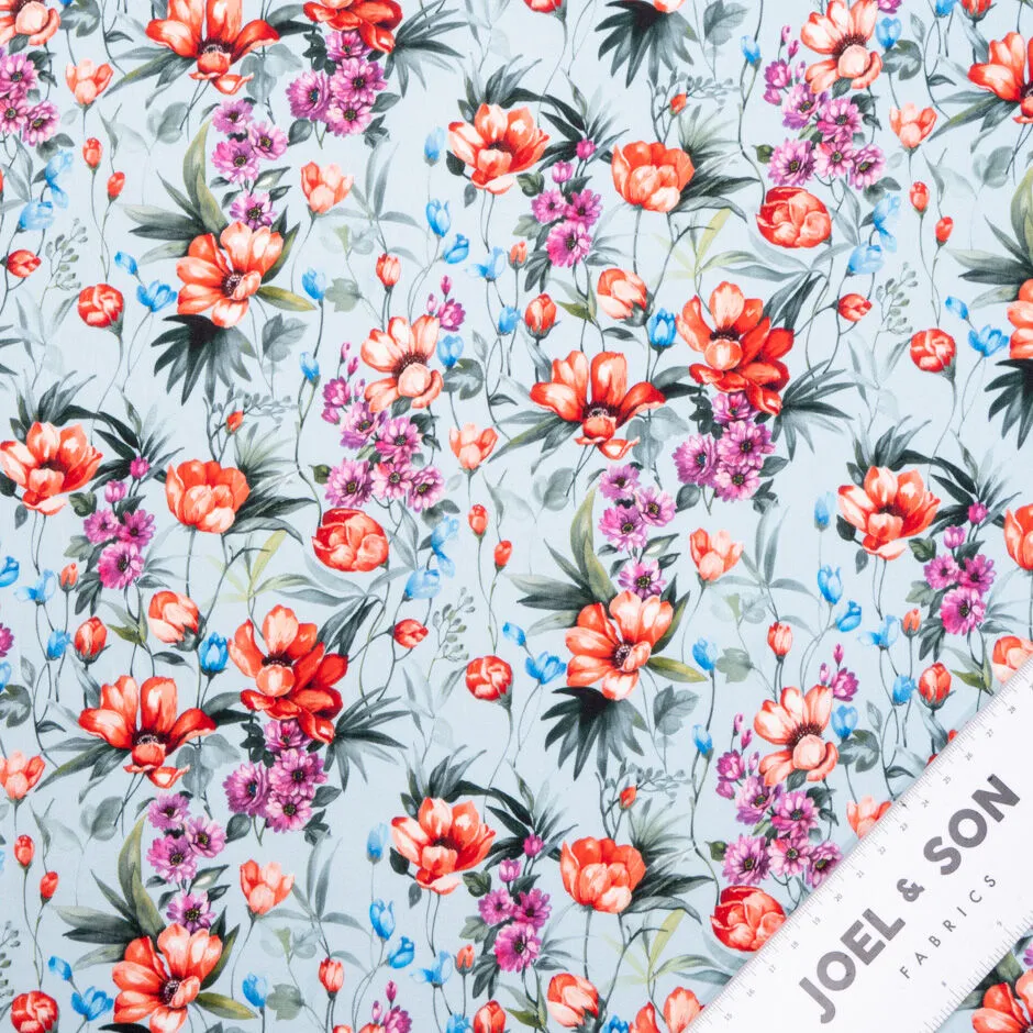 Soft Red Floral Printed Dusty Blue Luxury Cotton