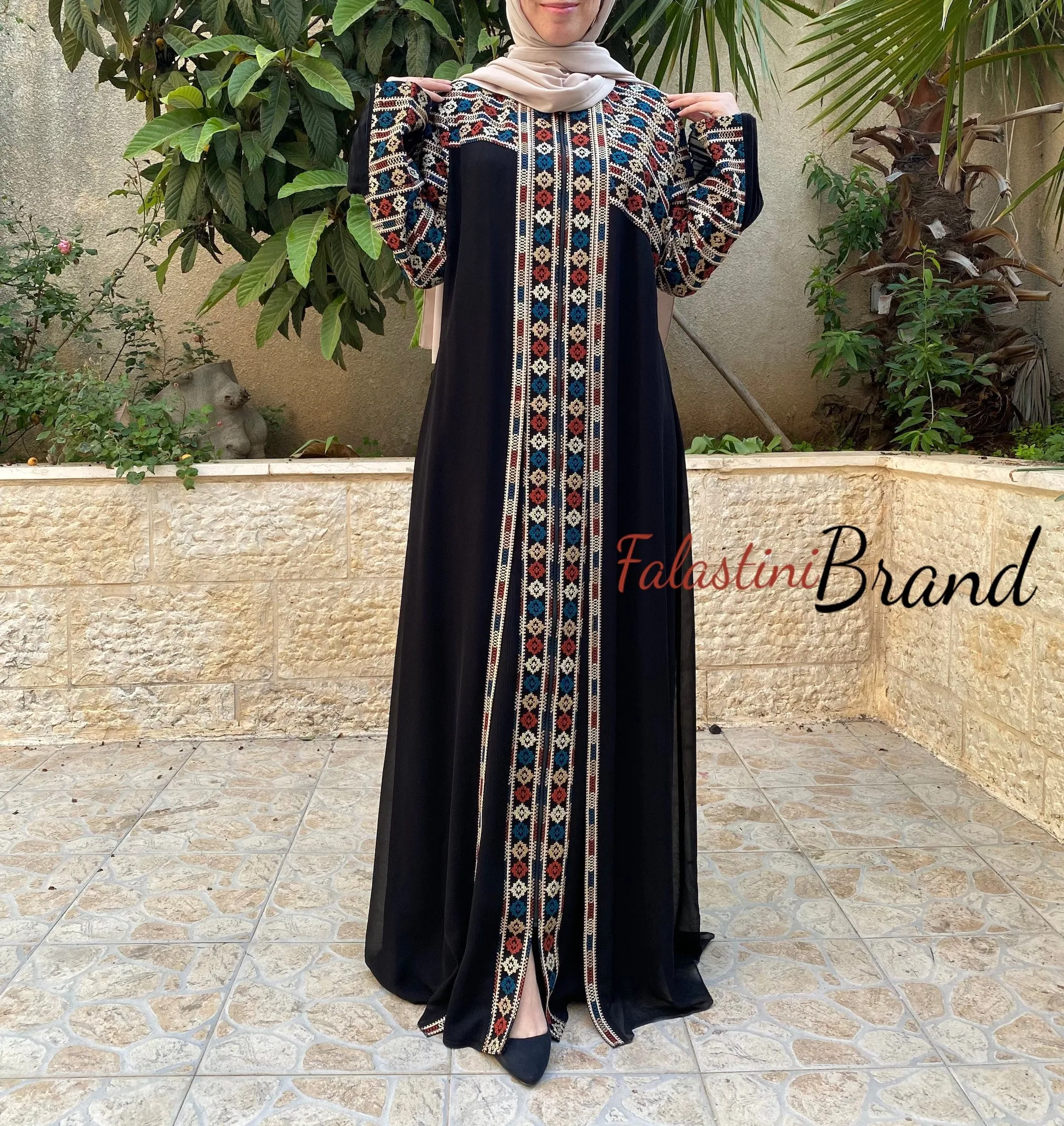 Soft Stunning Palestinian Embroidered Zipper Detail Abaya Asymmetric Embroidery