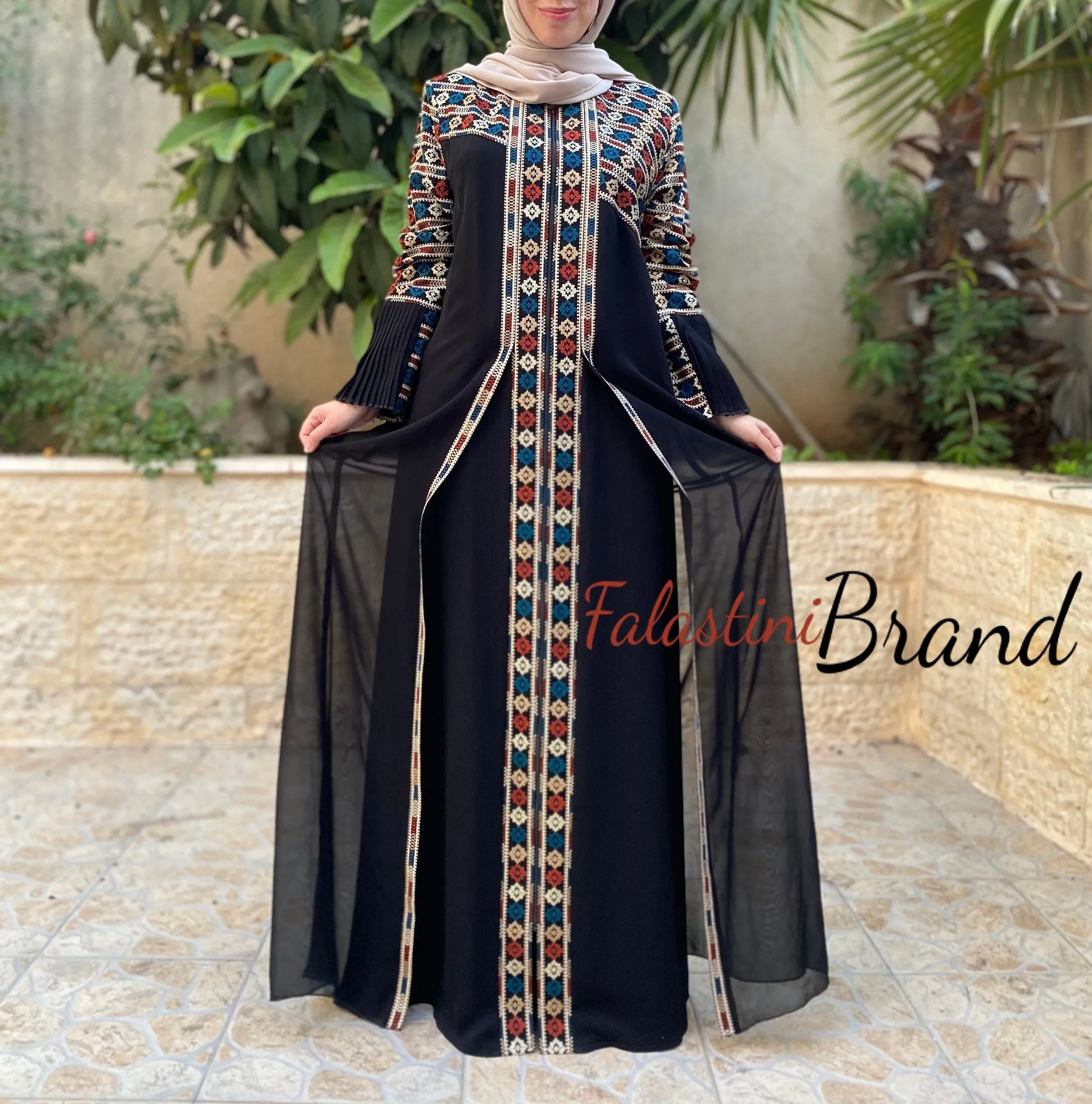 Soft Stunning Palestinian Embroidered Zipper Detail Abaya Asymmetric Embroidery