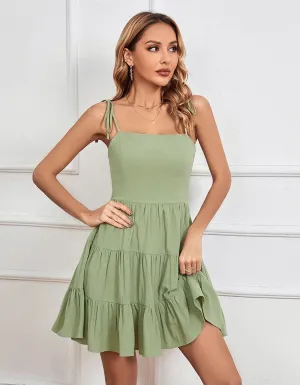 Solid-color Plain Strap Backless High Waist Pleated Short Cami A-Line Dresses