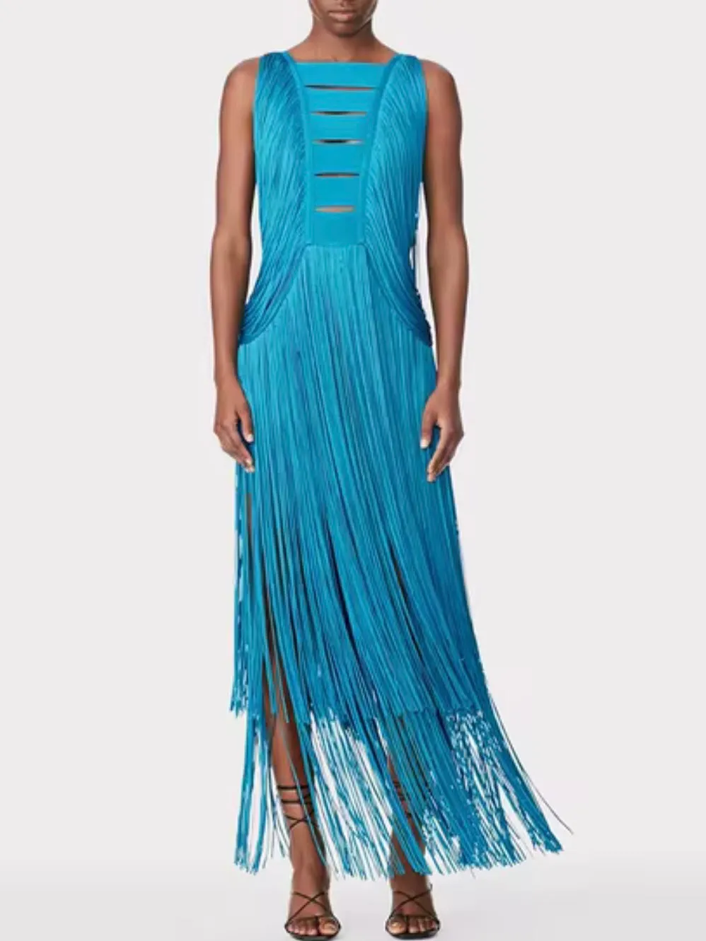 Solid colors fringes tassels maxi dress