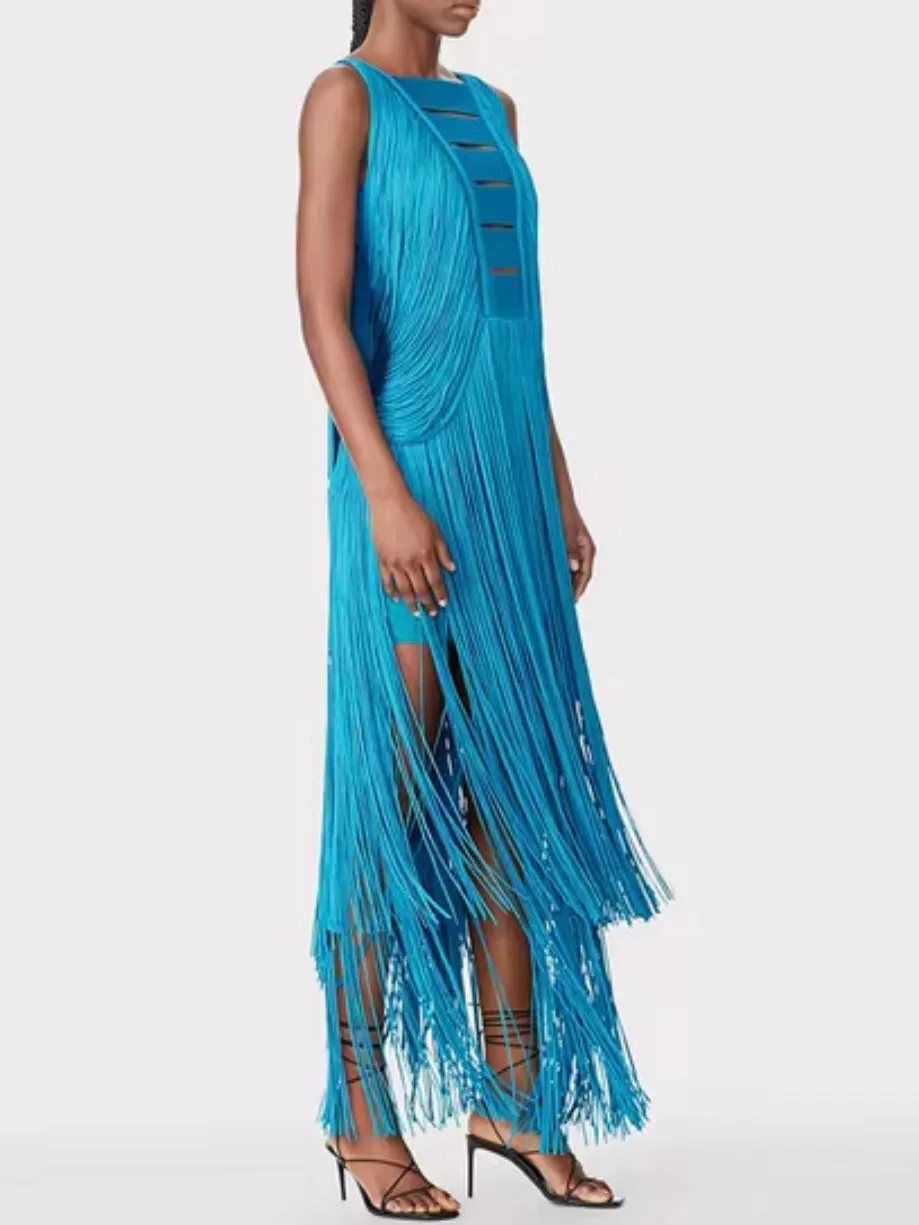 Solid colors fringes tassels maxi dress