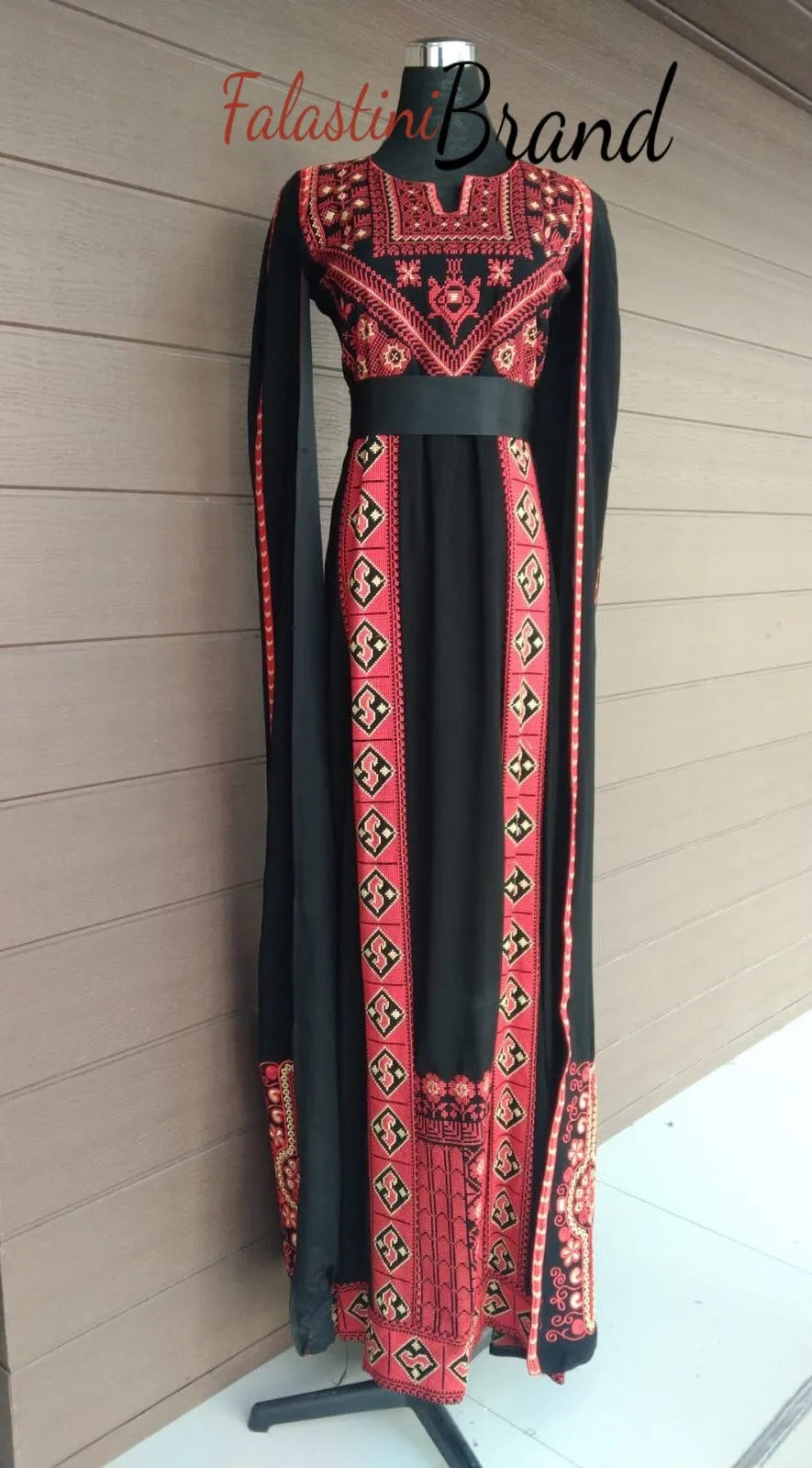 Stunning Black And Red Royal Sleeve Palestinian Embroidered Dress