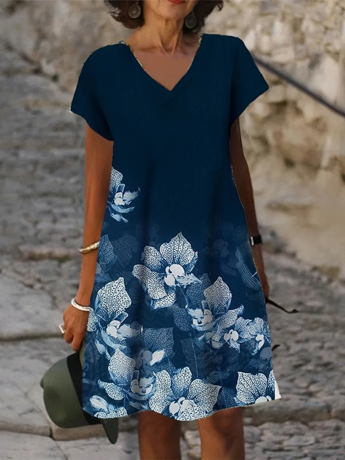 TastyHottie - Blue Flower Print V Neck Causal Short Sleeve Shift Dress