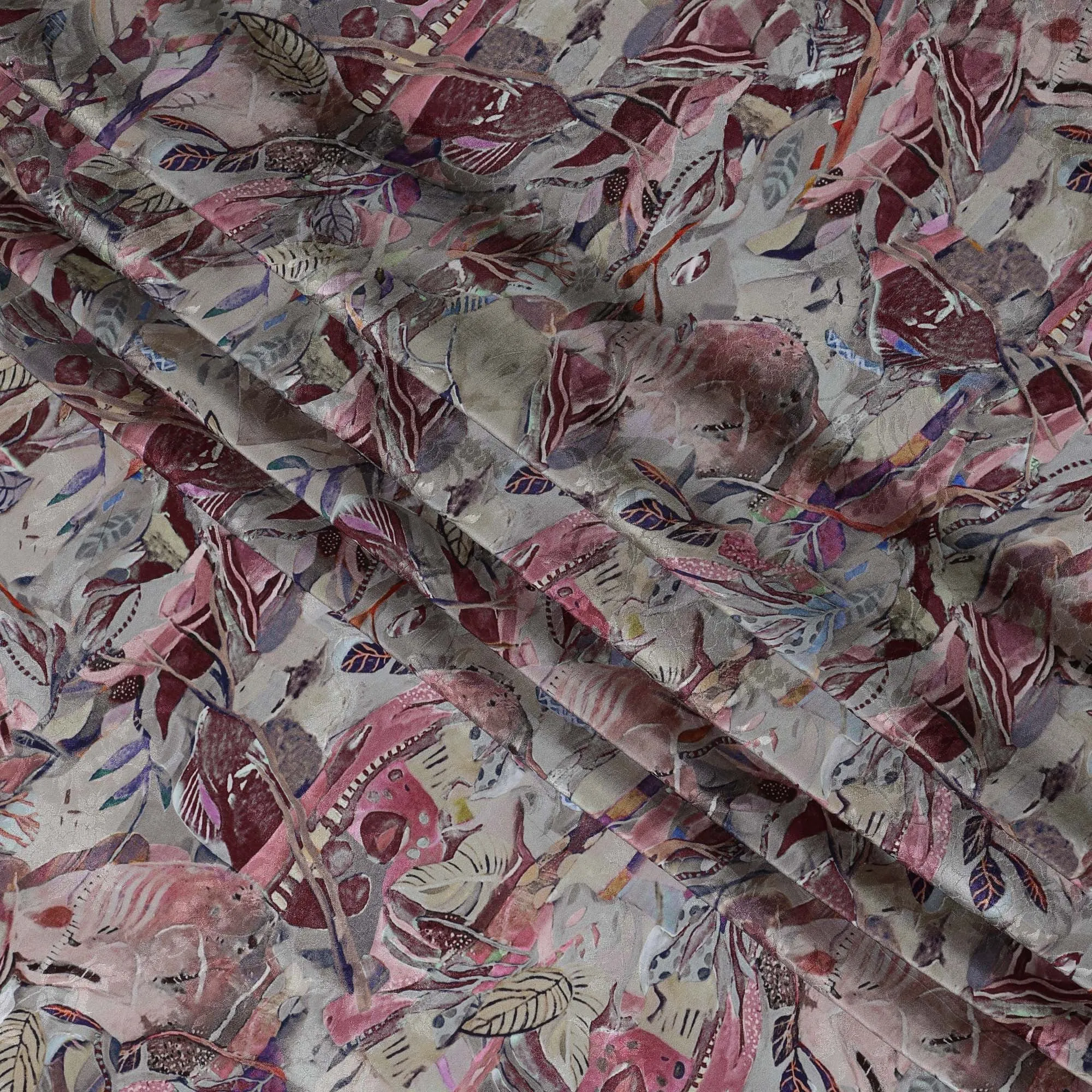 Taupe Indian Viscose Modal Satin Fabric, Abstract Leaf Print, 110 cm Width-D20936