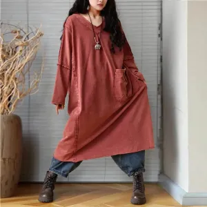 v neck dresses Dress for Women in Spring Vintage Brick Red Dress