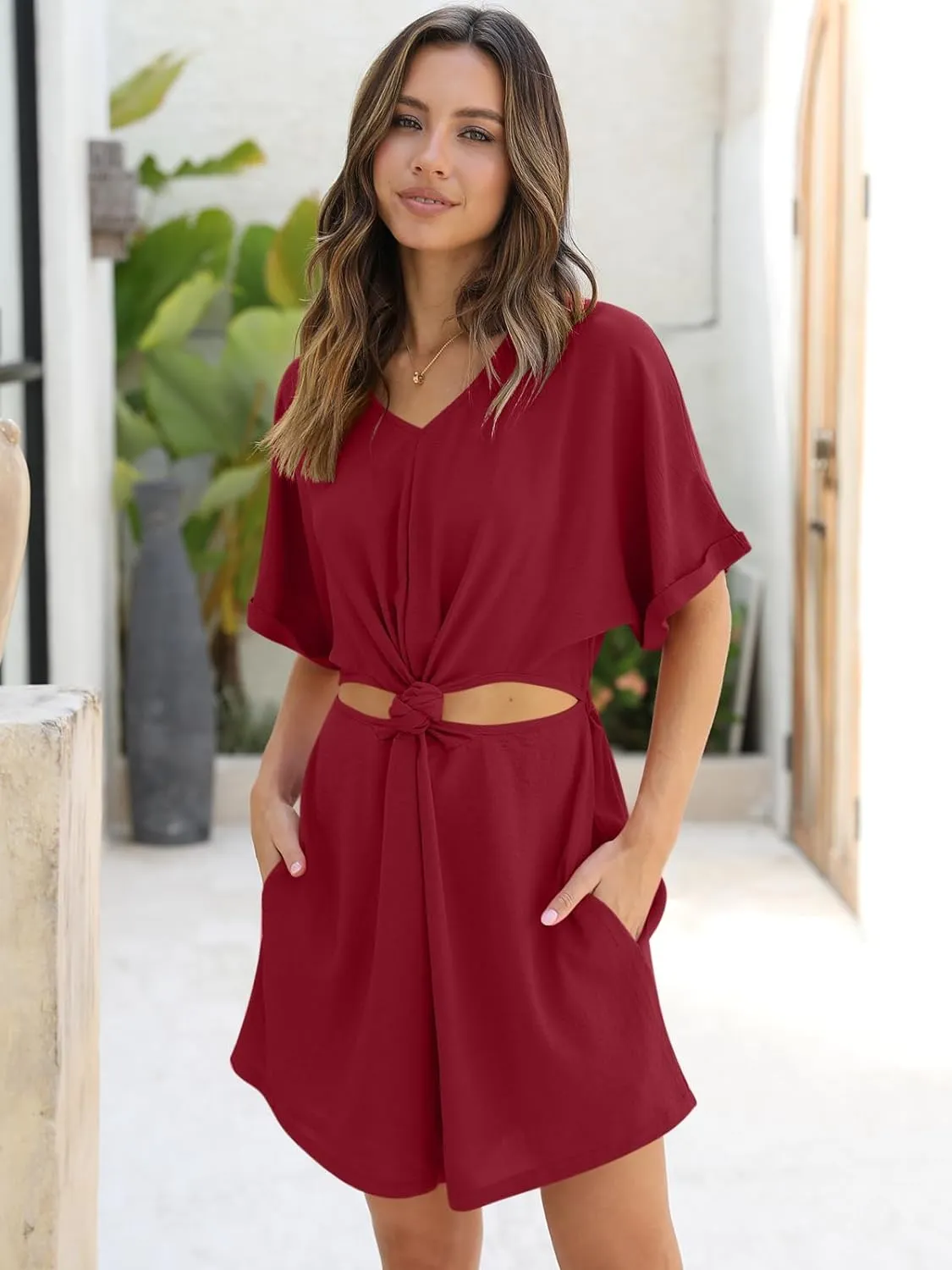 V Neck Knot Front Romper with Cut Out Shorts