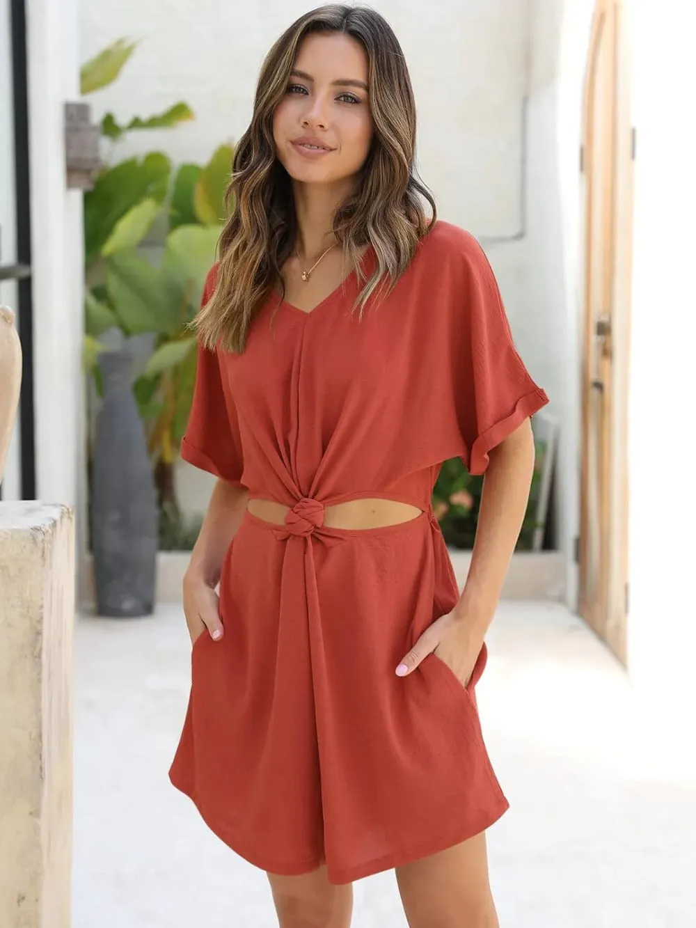 V Neck Knot Front Romper with Cut Out Shorts