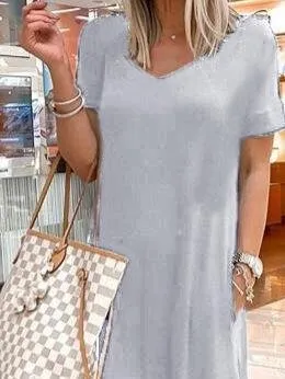 V-Neck Short Sleeve Casual Pocket Dress