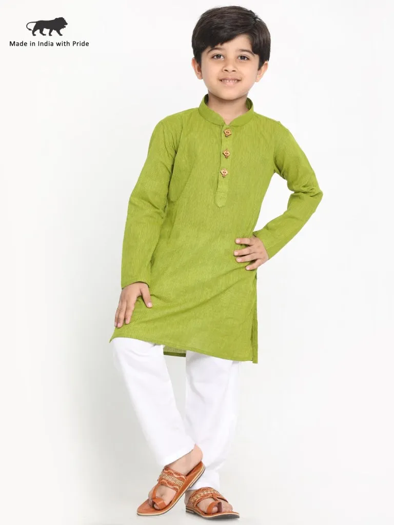 Vastramay Boys' Teal Green and White Handloom Pure Cotton Kurta and Pyjama Set