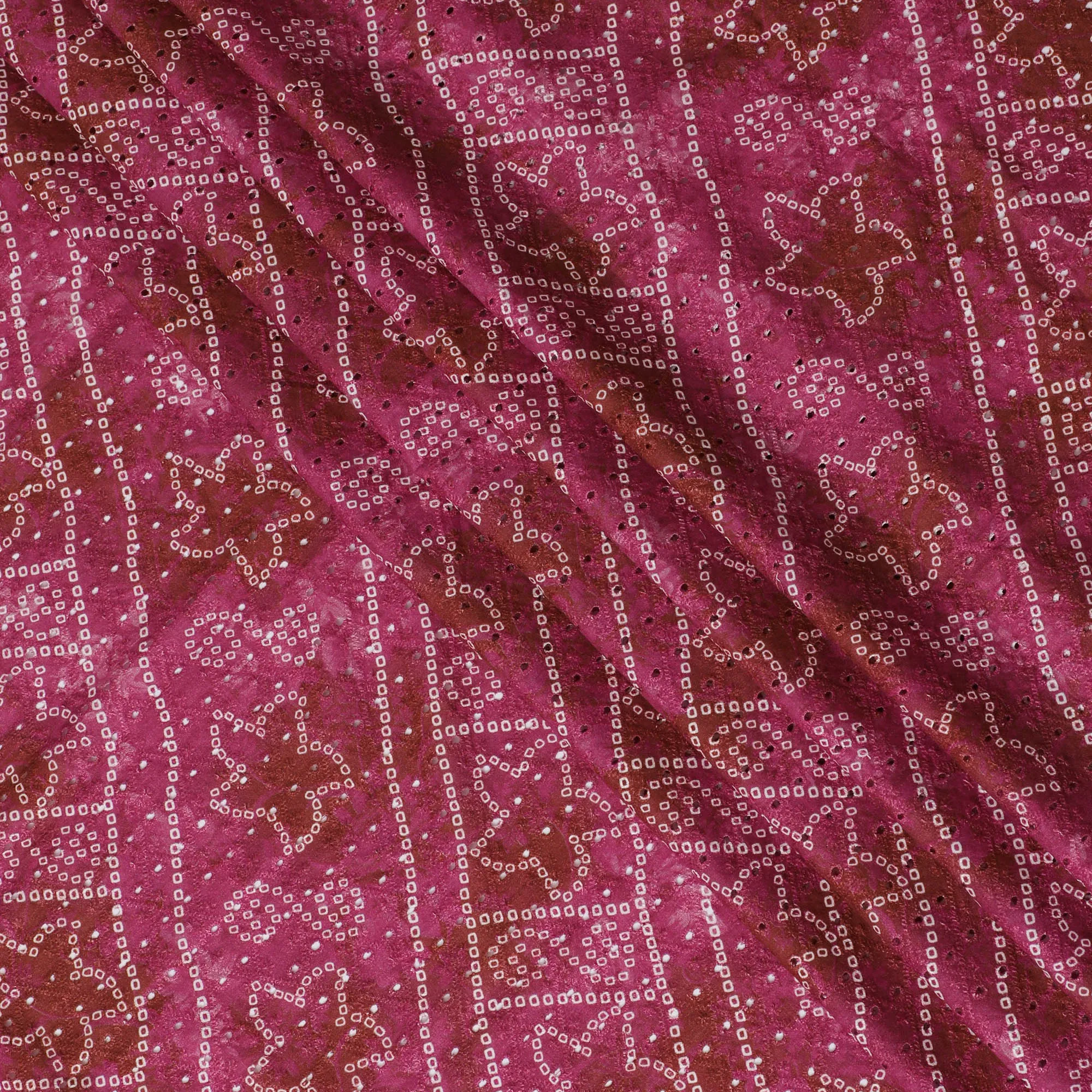 Vibrant Pink Patterned blended Cotton Lawn Fabric with Embroidery - 110 cm Wide - D19605