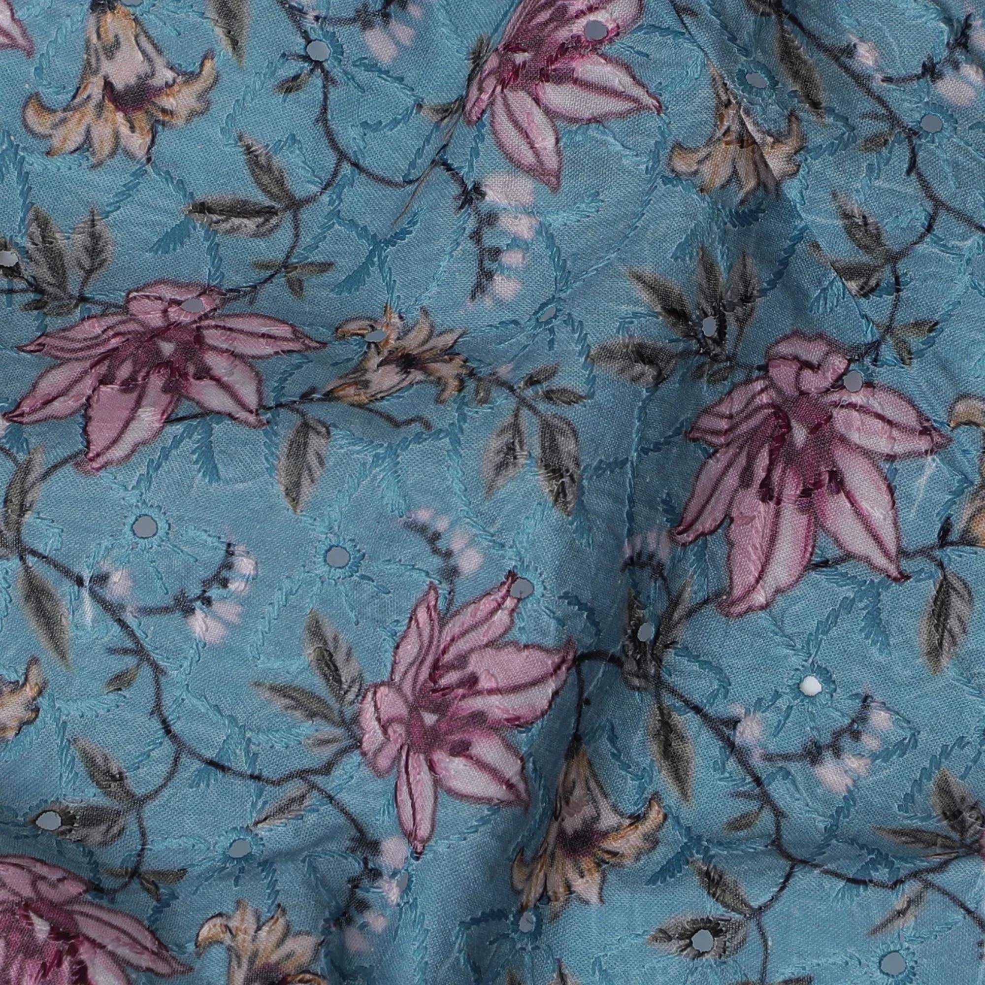 Vibrant Teal Floral blended Cotton Lawn Fabric with Embroidery - 110 cm Wide - D19588