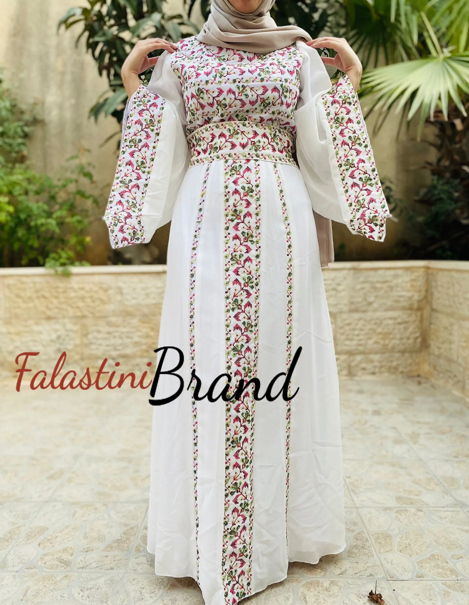 White Wide Sleeve Lined Embroidered Dress with Wonderful Embroidery