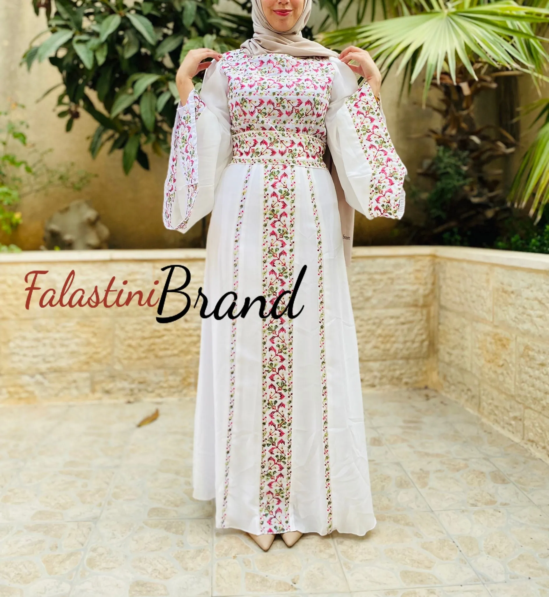 White Wide Sleeve Lined Embroidered Dress with Wonderful Embroidery