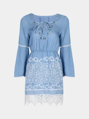 Wholesale Blue Round Neck Long Sleeve Lace Casual Dresses