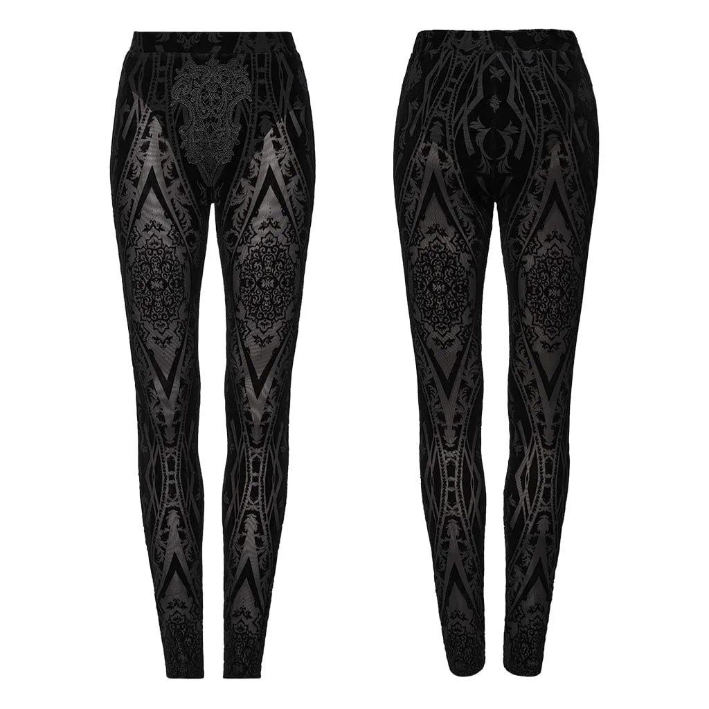 Women's Gothic Floral Embroidered Flocked Mesh Leggings