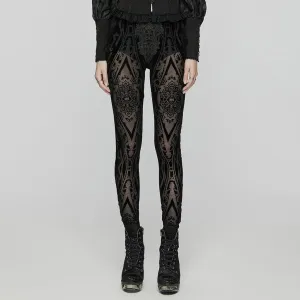 Women's Gothic Floral Embroidered Flocked Mesh Leggings