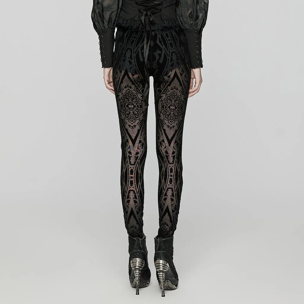 Women's Gothic Floral Embroidered Flocked Mesh Leggings