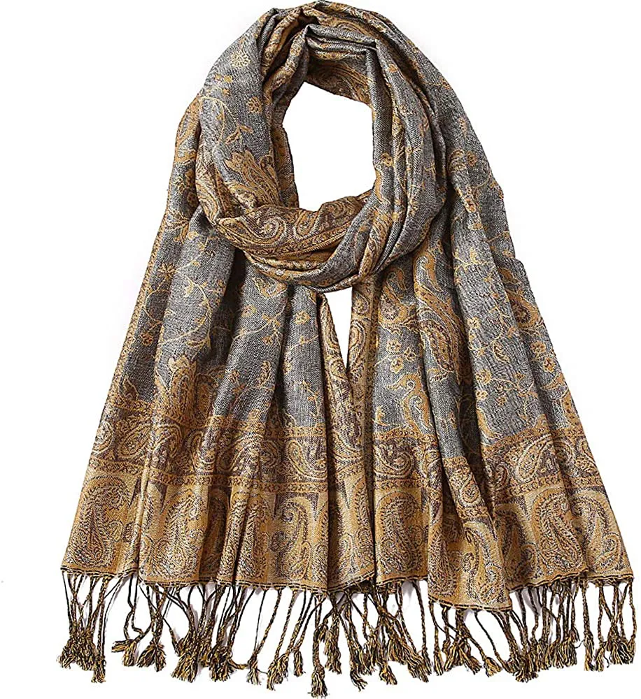 Women's Paisley Pattern Reversible Pashmina Silk Scarf Shawl Wrap with Fringes