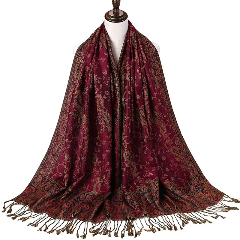 Women's Paisley Pattern Reversible Pashmina Silk Scarf Shawl Wrap with Fringes