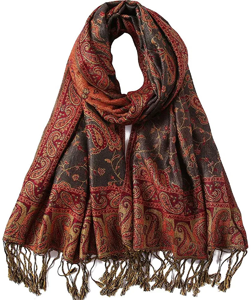 Women's Paisley Pattern Reversible Pashmina Silk Scarf Shawl Wrap with Fringes