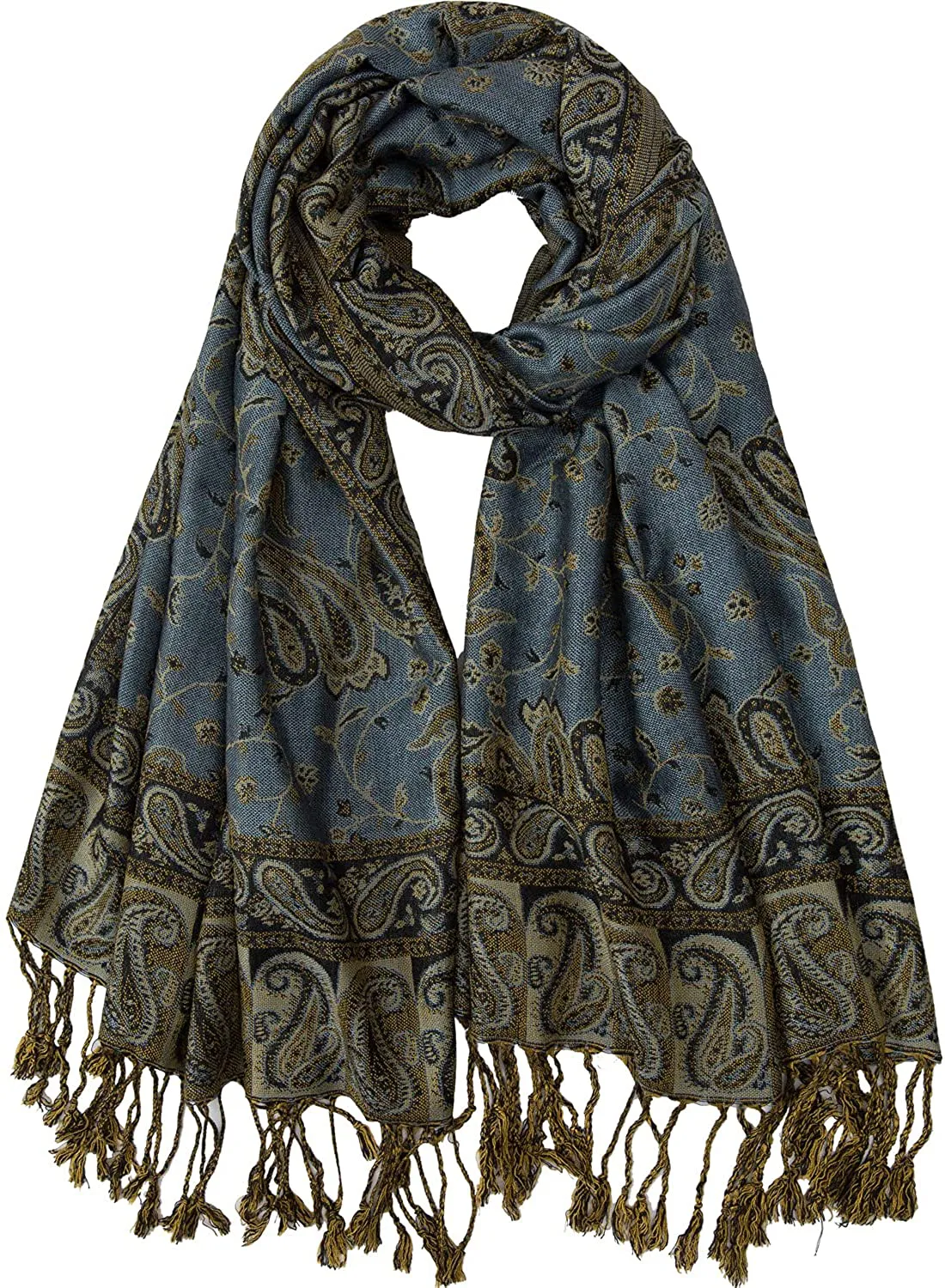 Women's Paisley Pattern Reversible Pashmina Silk Scarf Shawl Wrap with Fringes