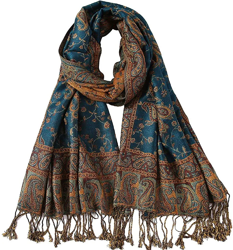 Women's Paisley Pattern Reversible Pashmina Silk Scarf Shawl Wrap with Fringes