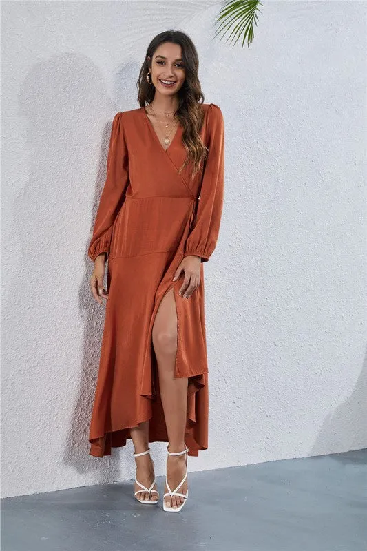 Women's V Neck Long Sleeve Maxi Dress