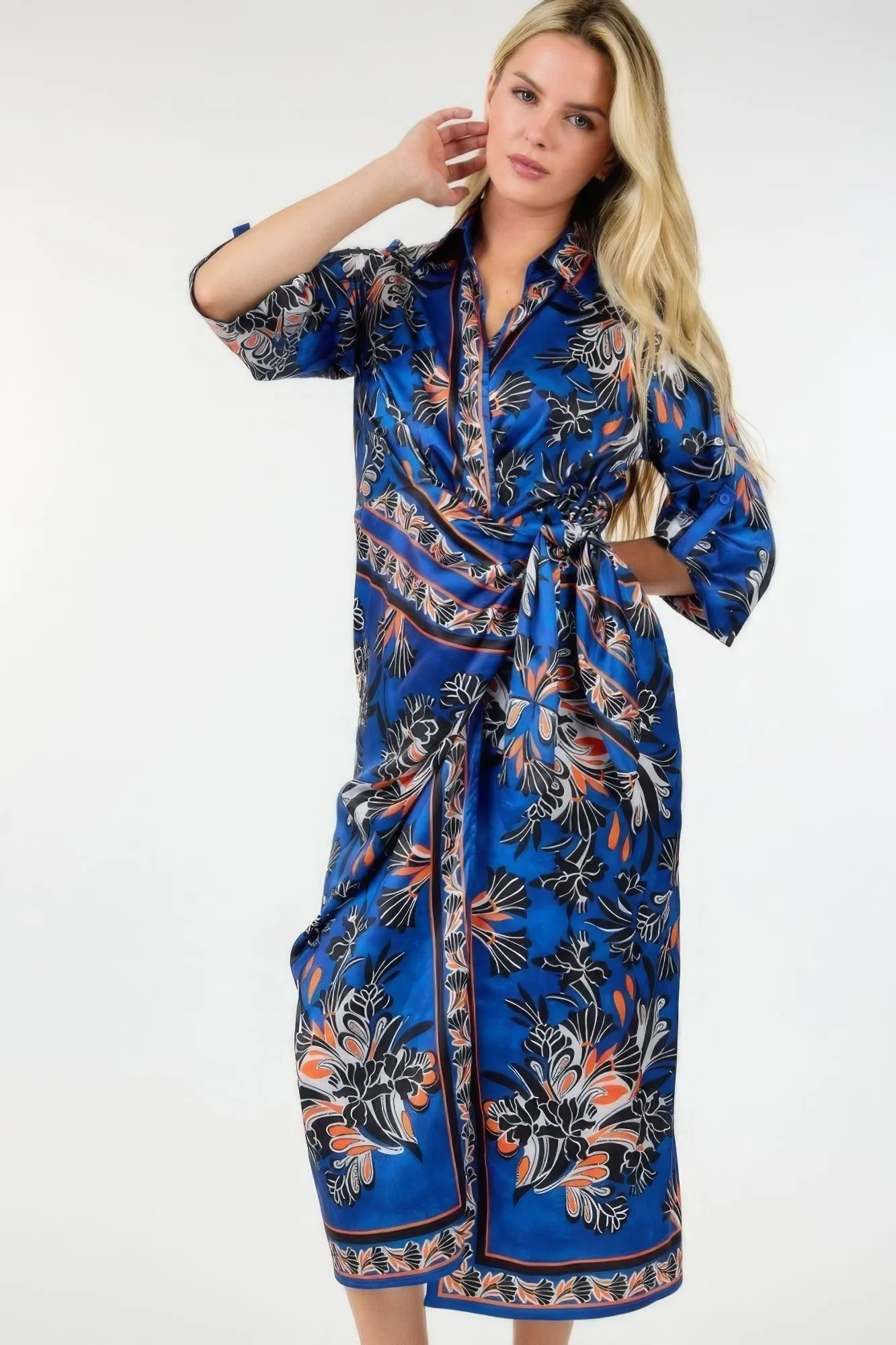 Wrap Front 3/4 Sleeve Printed Dress