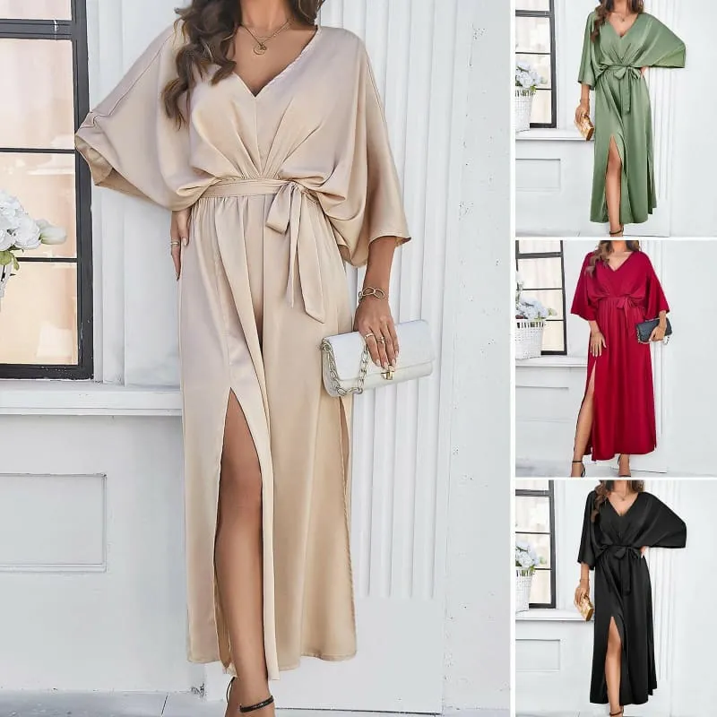 Wrap-style Maxi Dress with V-neck Loose Fit and Tie Waist