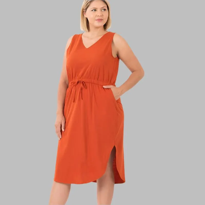 ZENANA Plus Poly Cotton Drawstring waist Curved Hem Dress