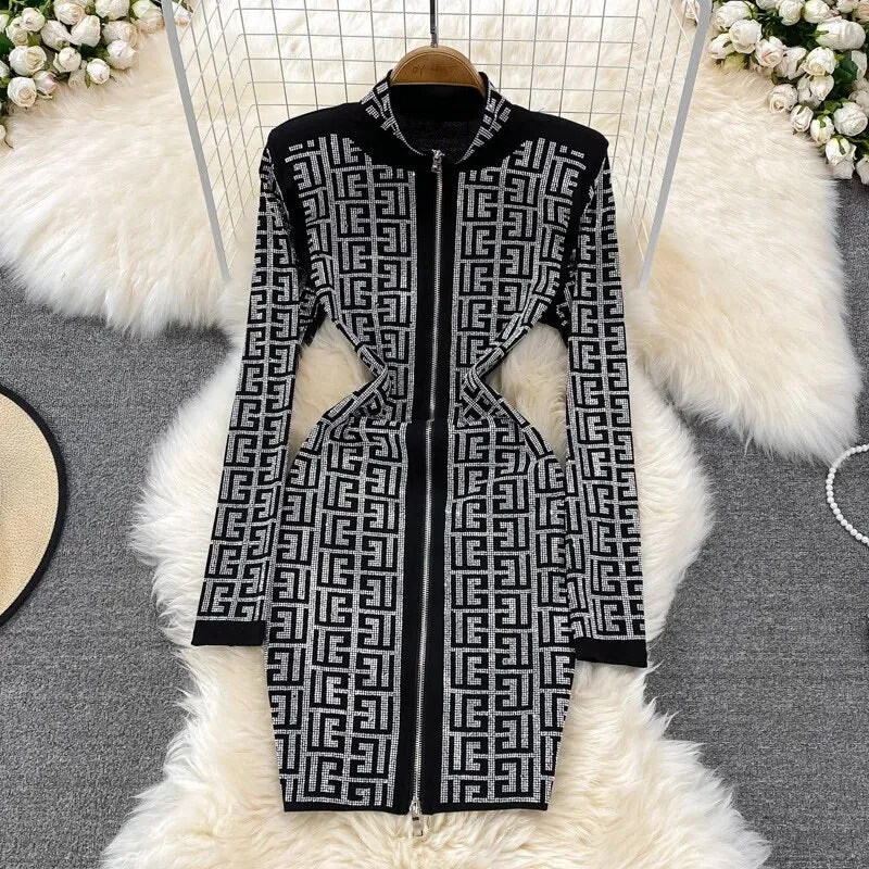 Zig Zag Zipper Long-sleeve Stretch  Dress